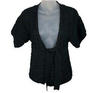 Ann Taylor LOFT Peplum Knit Crochet Black Sweater Cardigan Front Tie Women Small